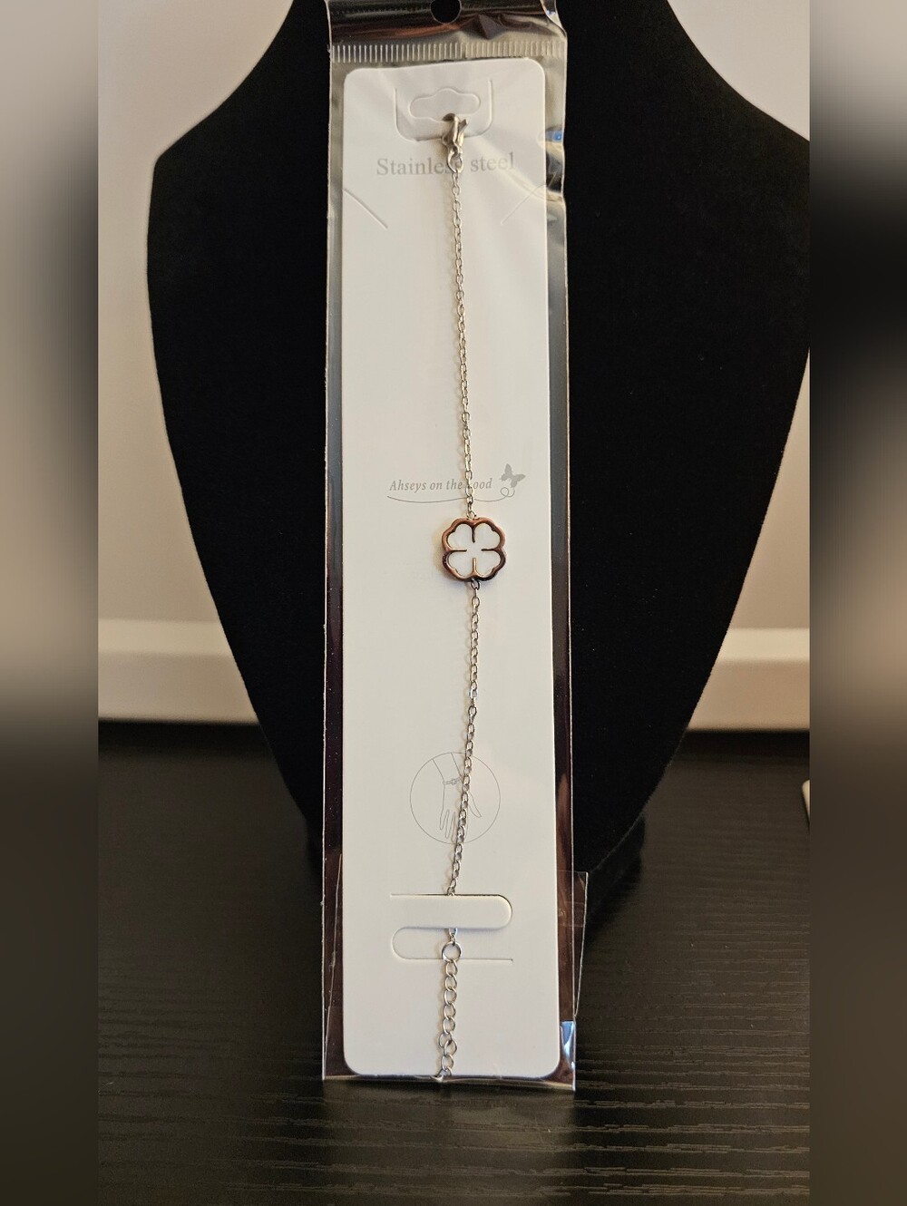 Stainless Steel Four-Leaf Clover Pendant Bracelet - White Accent